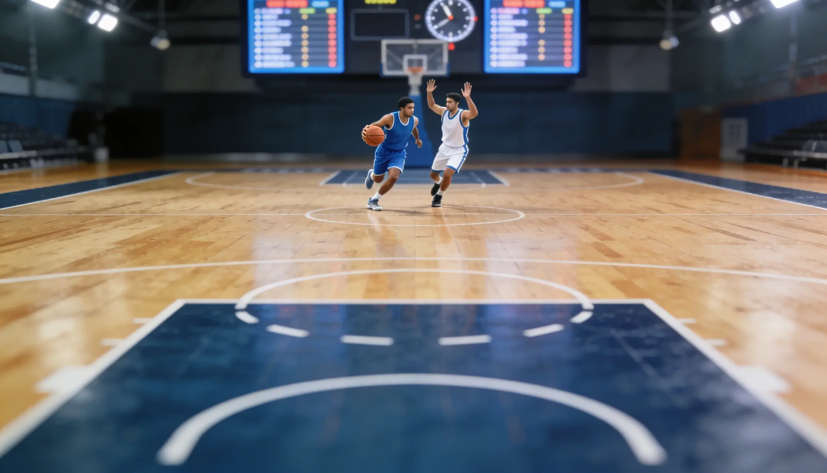 Basketball court action with a visible scoreboard showing teams and quarter score