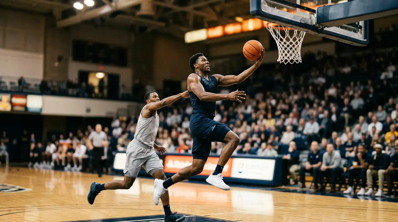 NBA-style guard driving to the basket past a defender during a regular-season game